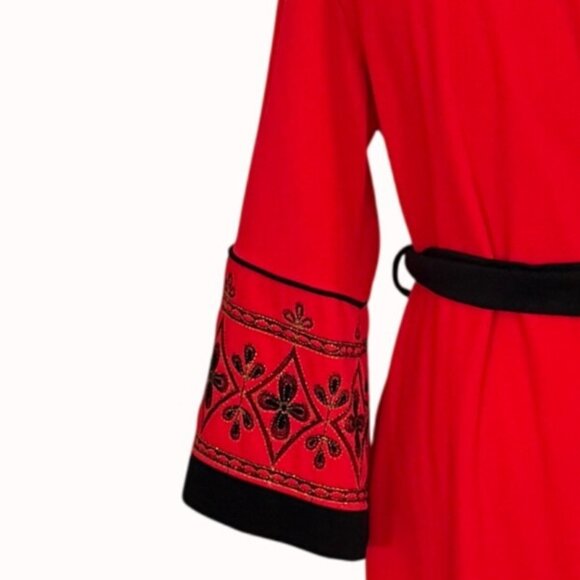 Miss Elaine Luxury Red Robe Kimono M Petite Black Embroidery Belted Waist VTG 70 - Picture 7 of 16